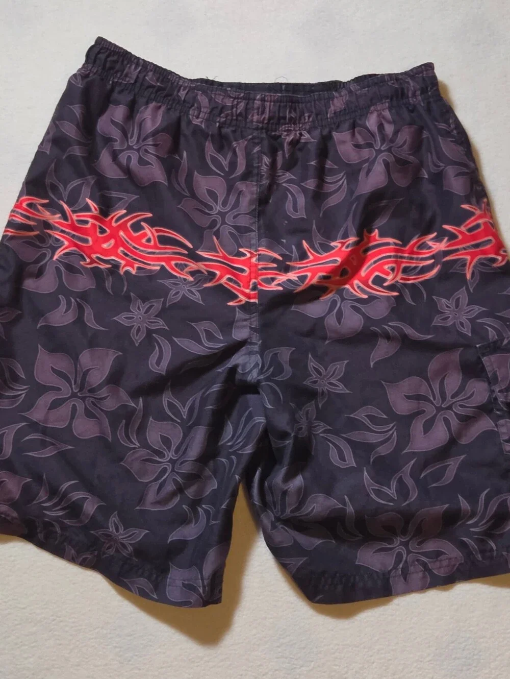 XL Men's Black Purple Floral Swim Trunks with Red Stripe Elastic Waist Cargo